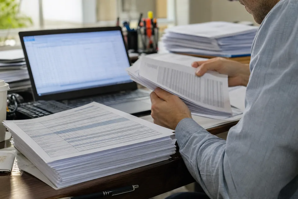 Printed carrier loss run reports and a laptop with a claims spreadsheet on an account manager desk