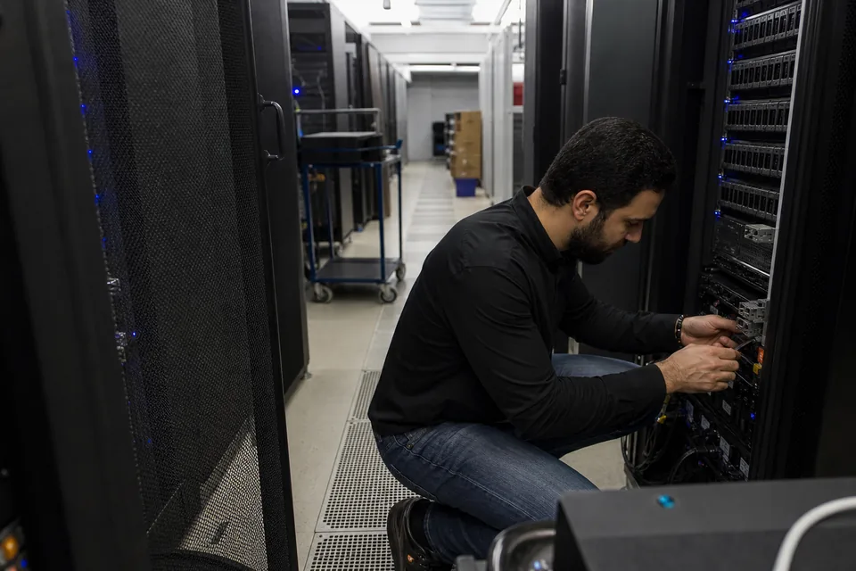 Secure data center aisle where encrypted client documents are stored