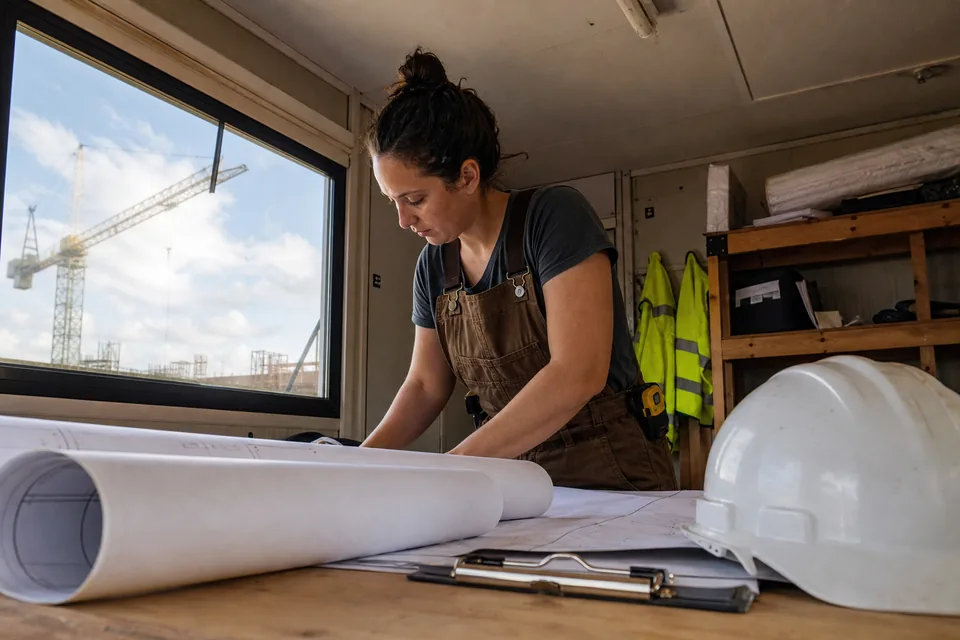 Rolled construction plans and a hard hat on a table inside a jobsite office trailer