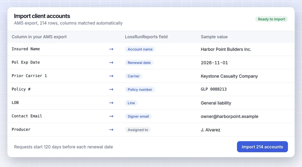 Import screen matching AMS export columns to LossRunReports account fields