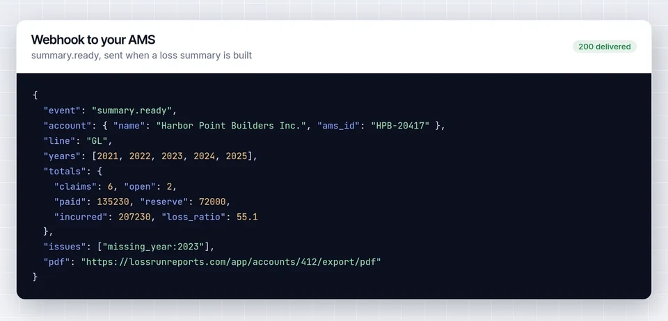Webhook payload with the loss summary totals sent from LossRunReports to an agency management system