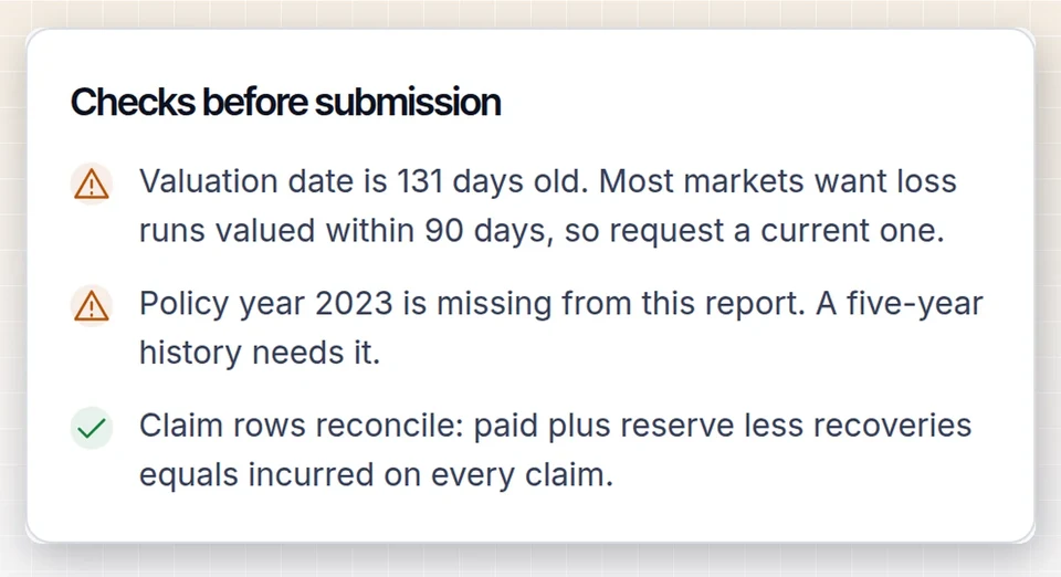 Checks before submission: reconciled totals, a missing policy year and a stale valuation warning