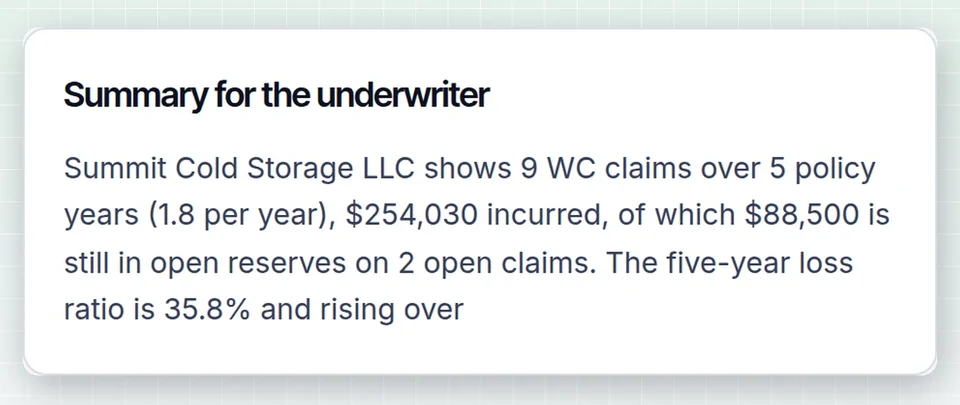 Underwriter summary written from a workers compensation loss run