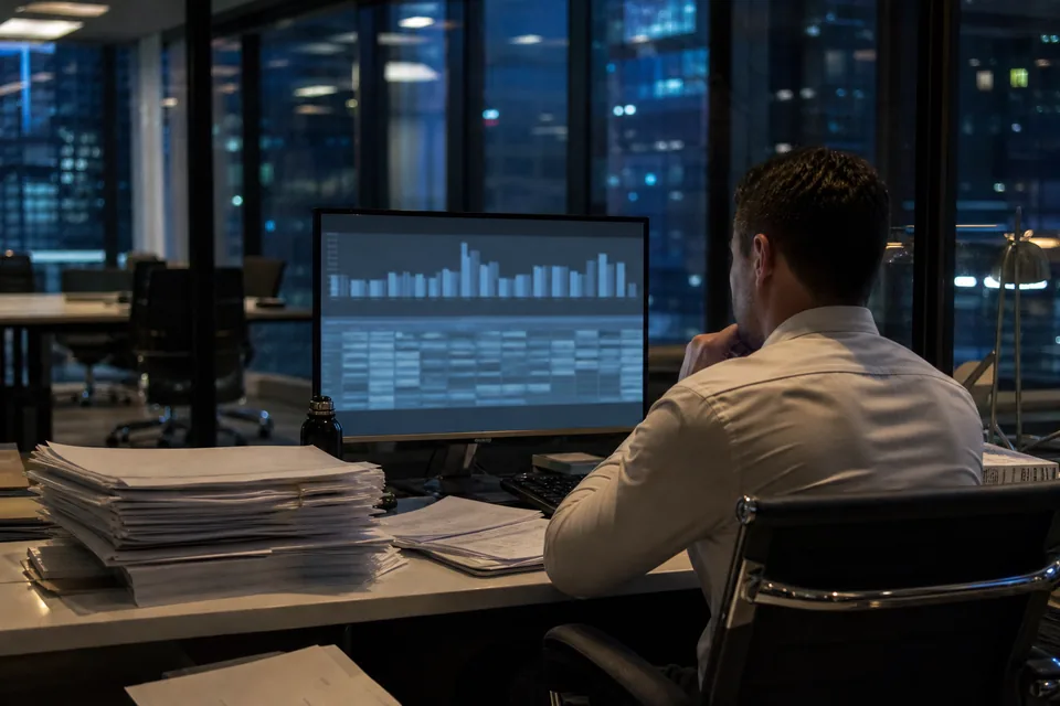 Underwriter reviewing a five-year loss summary chart and claims table on a monitor, carrier loss runs stacked on the desk